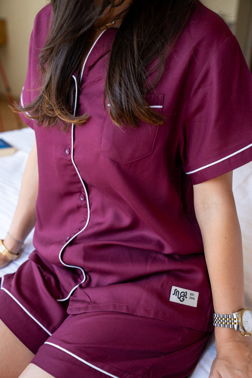 Women Summer Pajama Set Dark Red Buttoned Shirt + Shorts